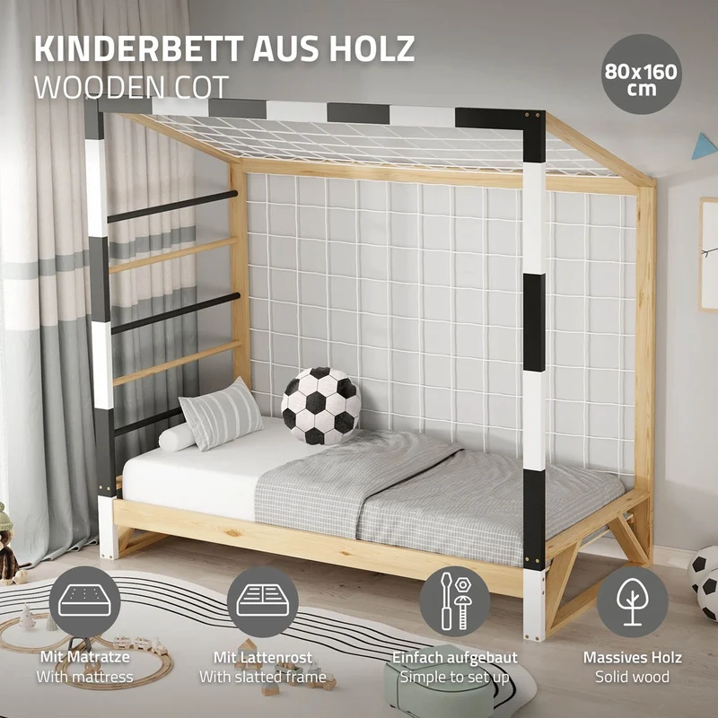 ML-Design | Kinderbett Fußballtor mit Matratze H:10cm, 80x160 cm aus massivem Kiefernholz Holzbett mit Lattenrost & Tornetz Handballtor