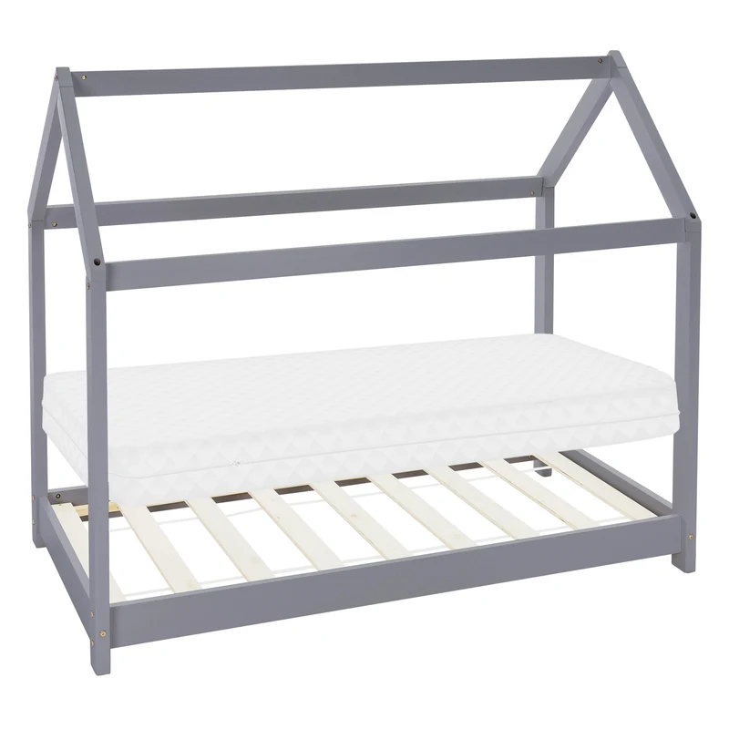 Kinderbett Hausbett 80x160 cm Hellgrau aus Kiefernholz inkl. Matratze H-10cm Holzbett mit Dach und Lattenrost ML-Design