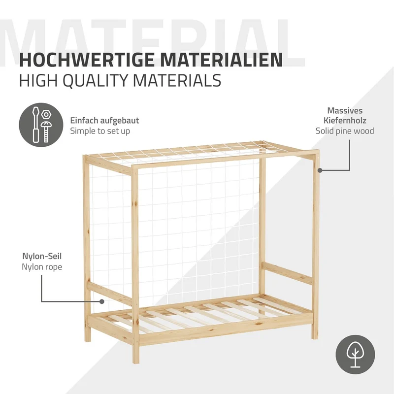 Kinderbett Fußballtor 80x160 cm Natur aus Kiefernholz mit Matratze H-10cm Handballtor mit Lattenrost & Tornetz ML-Design
