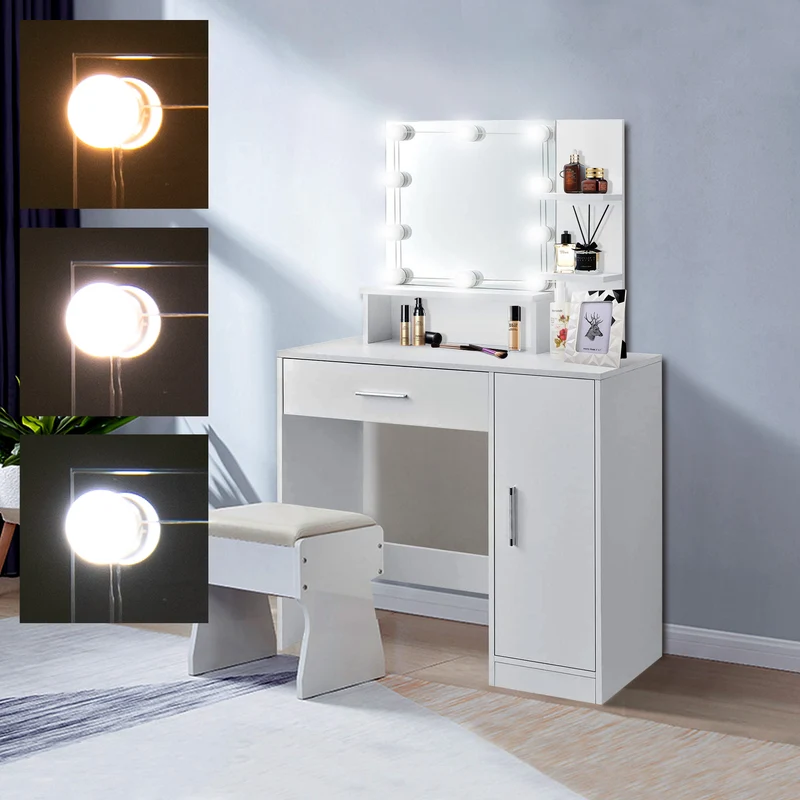 Schminktisch Frisiertisch 90x38x137 cm in Weiß mit LED Beleuchtung, Spiegel, Schublade, Schrank & Hocker ML-Design