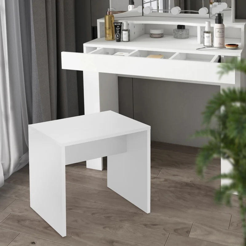 Schminktisch Frisiertisch 90x38x137 cm in Weiß mit LED Beleuchtung, Spiegel, Schublade, Schrank & Hocker ML-Design