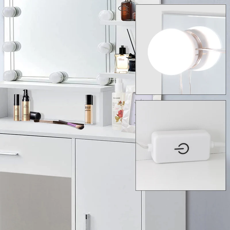 Schminktisch Frisiertisch 90x38x137 cm in Weiß mit LED Beleuchtung, Spiegel, Schublade, Schrank & 3 Ablagen ML-Design