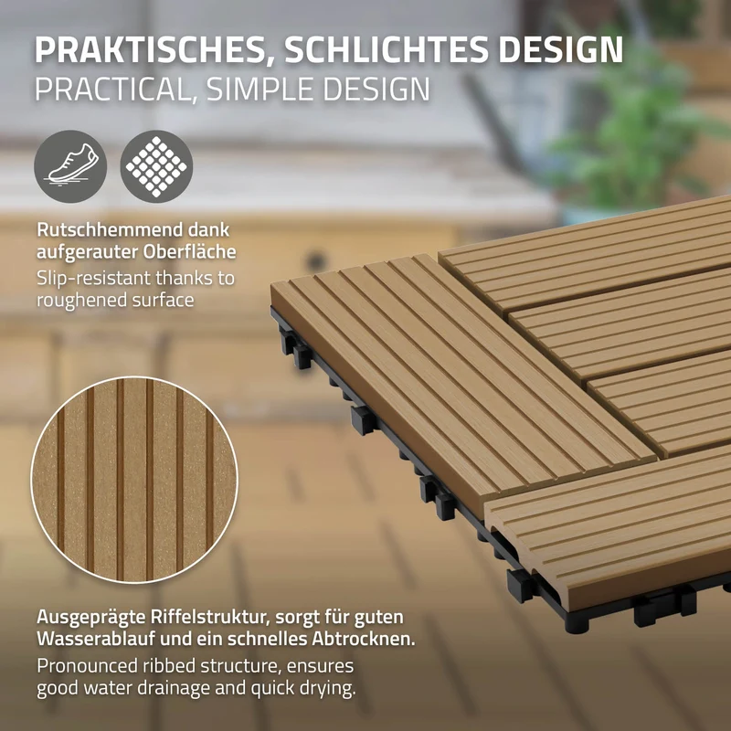 WPC Terrassenfliesen 30x30 cm 22er Set für 2m² Teak in Holzoptik Mosaik mit Drainage und Klicksystem