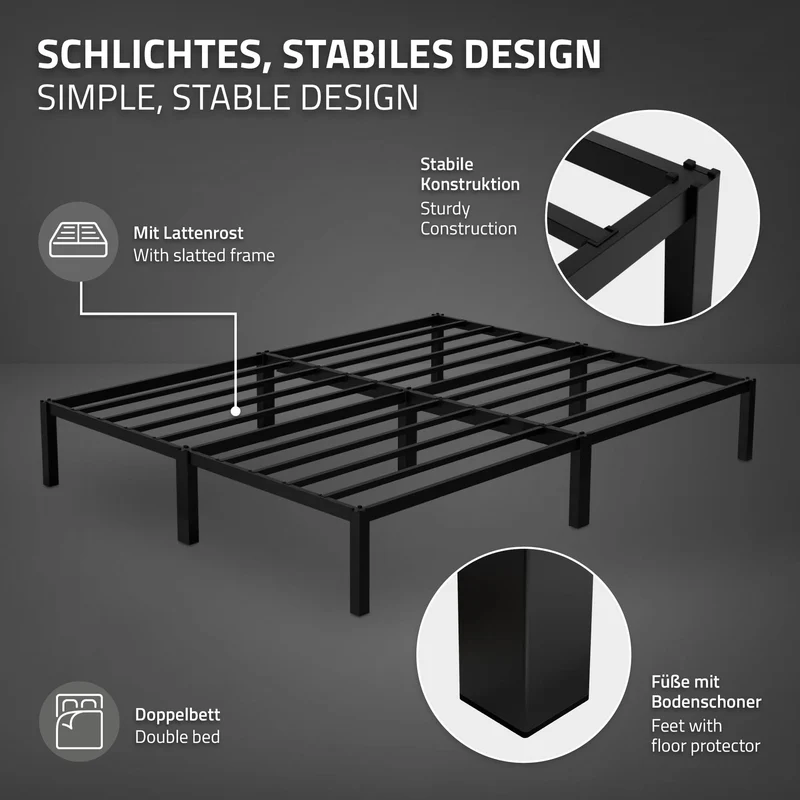 Bettgestell Doppelbett 160x200 cm aus Metall in Schwarz mit Lattenrost ML-Design