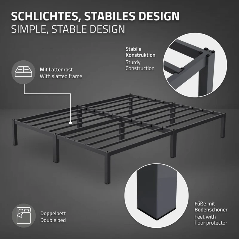 Bettgestell Doppelbett 160x200 cm aus Metall in Anthrazit mit Lattenrost ML-Design