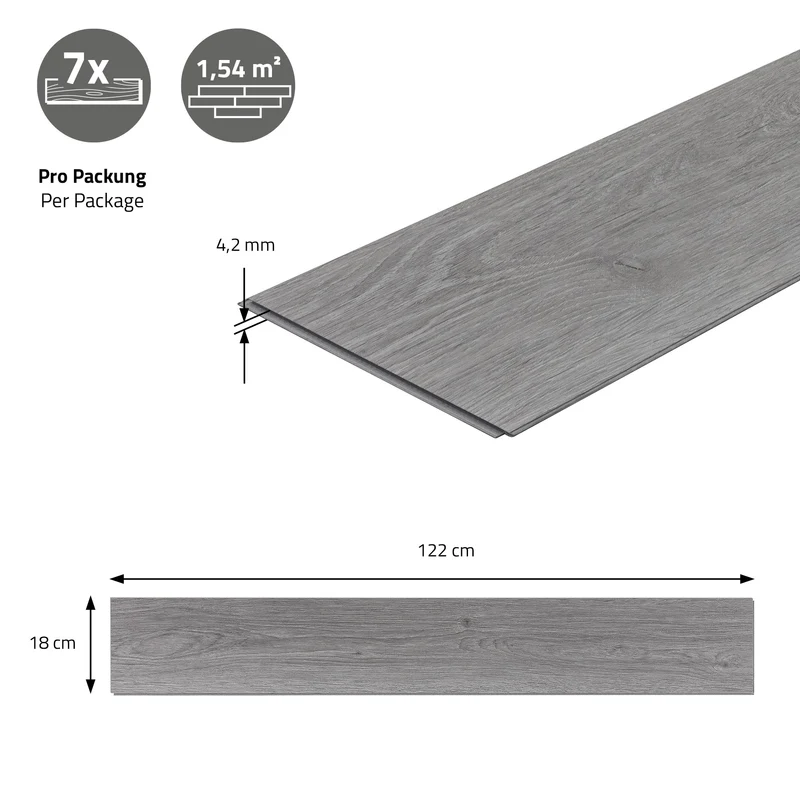 4er Set PVC Vinylboden Bodenbelag 7 Dielen 4,2mm für 1,54m² mit Klick-System Eiche Windswell Hickory ML-Design