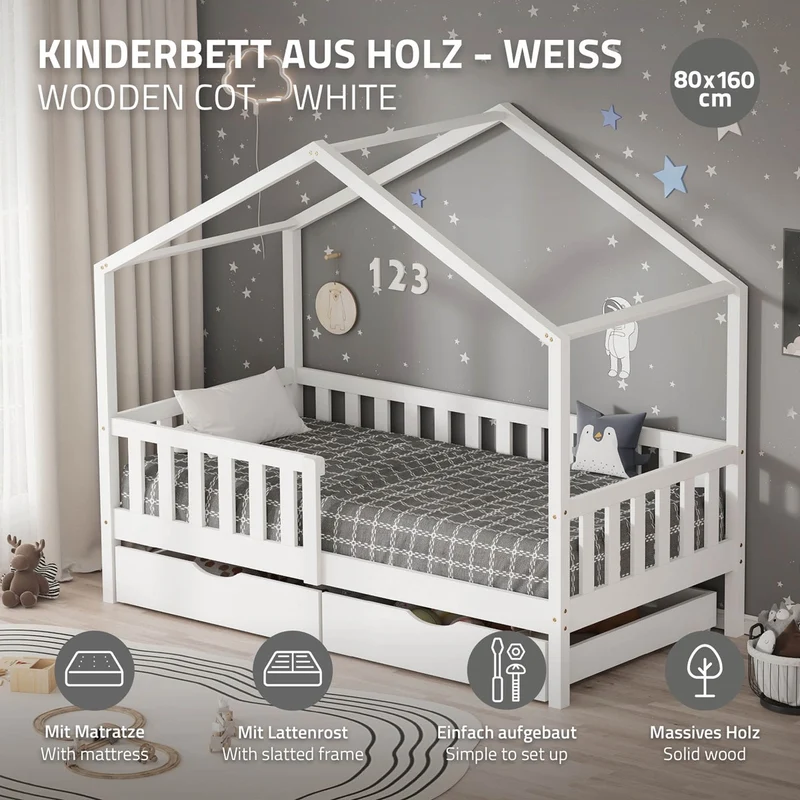 Kinderbett Hausbett 80x160 cm Weiß aus Kiefernholz mit Matratze H:10cm, 2 Schubkasten, Rausfallschutz & Lattenrost ML-Design