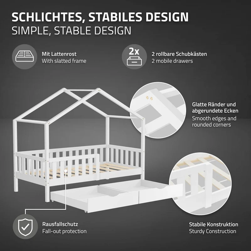 Kinderbett Hausbett 80x160 cm Weiß aus Kiefernholz mit Matratze H:10cm, 2 Schubkasten, Rausfallschutz & Lattenrost ML-Design