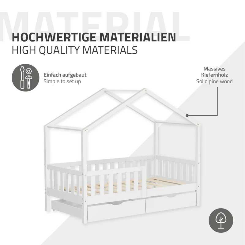 Kinderbett Hausbett 80x160 cm Weiß aus Kiefernholz mit Matratze H:10cm, 2 Schubkasten, Rausfallschutz & Lattenrost ML-Design