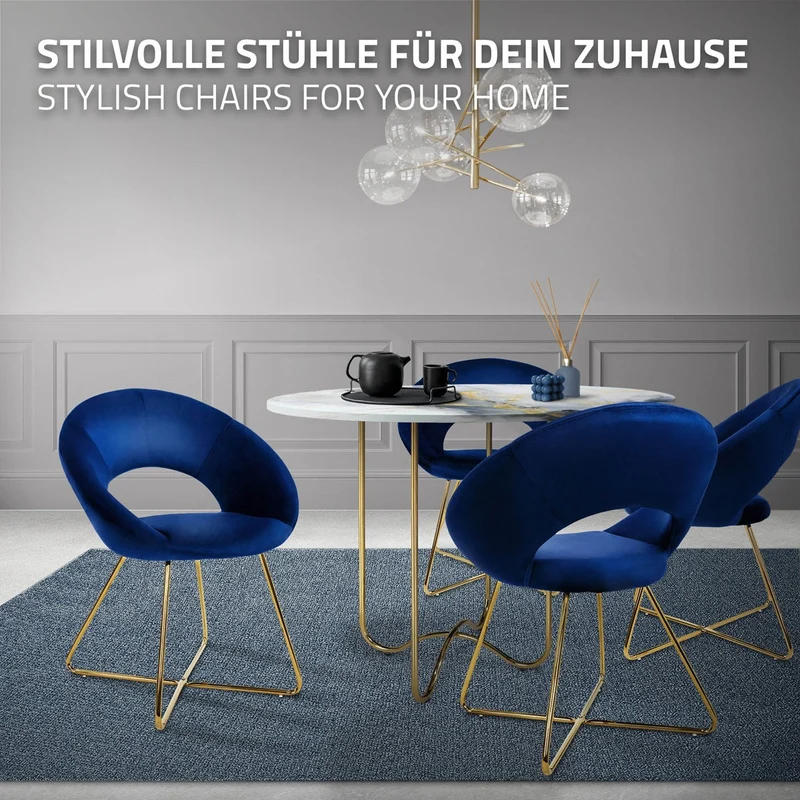 Esszimmerstuhl mit runder offener Rückenlehne Blau aus Samt mit goldenen Metallbeinen ML-Design