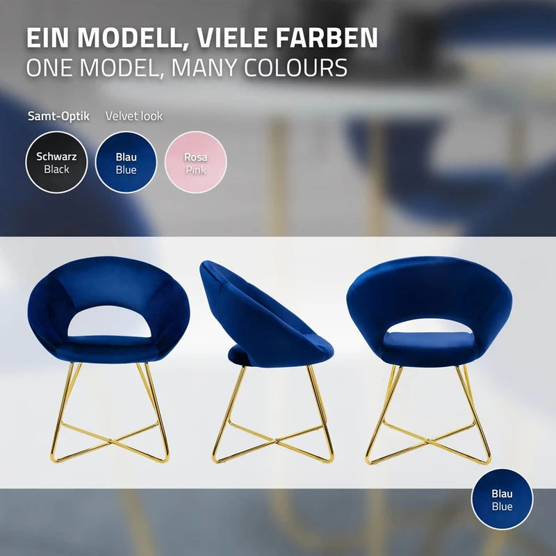Esszimmerstuhl mit runder offener Rückenlehne Blau aus Samt mit goldenen Metallbeinen ML-Design