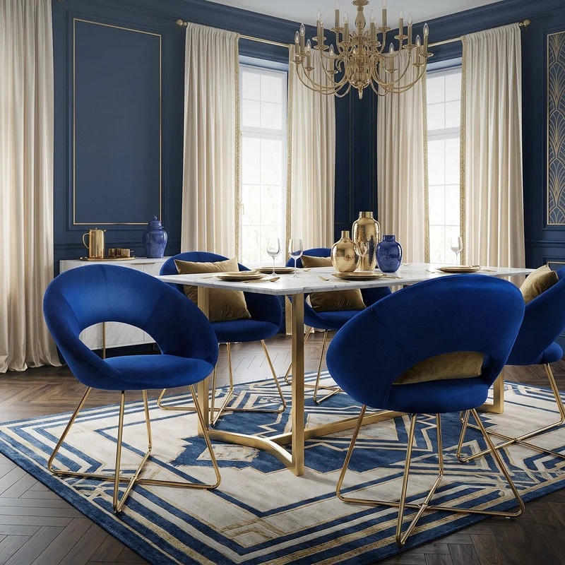 Esszimmerstuhl mit runder offener Rückenlehne Blau aus Samt mit goldenen Metallbeinen ML-Design