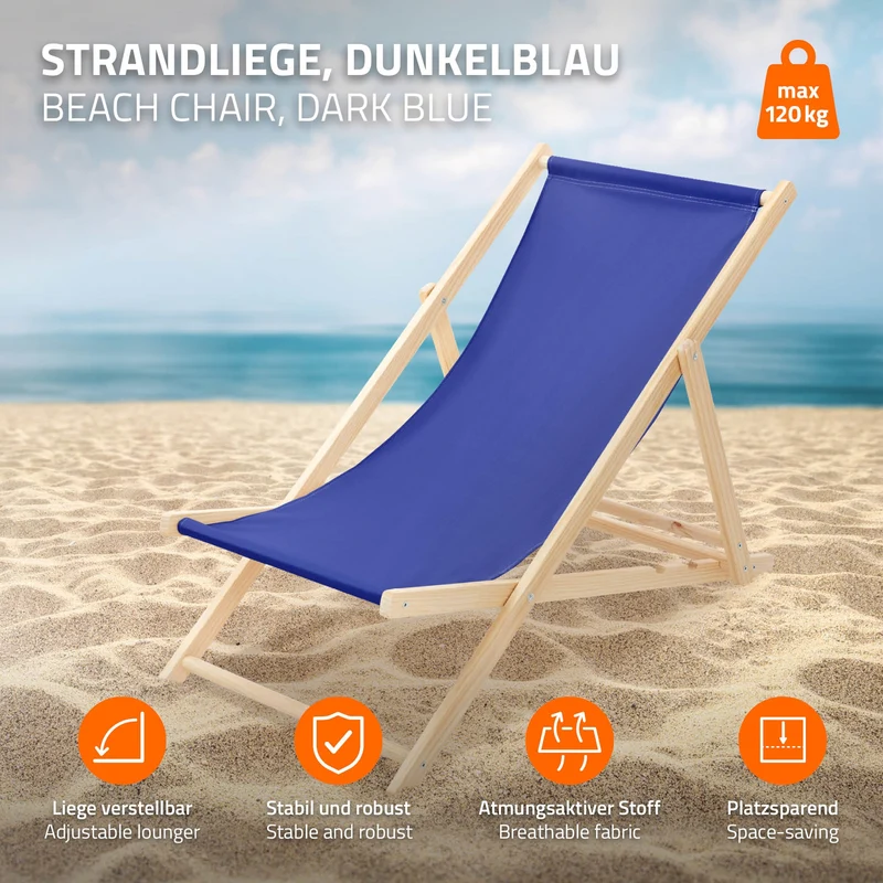Liegestuhl klappbar Dunkelblau Holz verstellbare Rückenlehne bis 120 kg Sonnenliege Gartenliege Strandliege