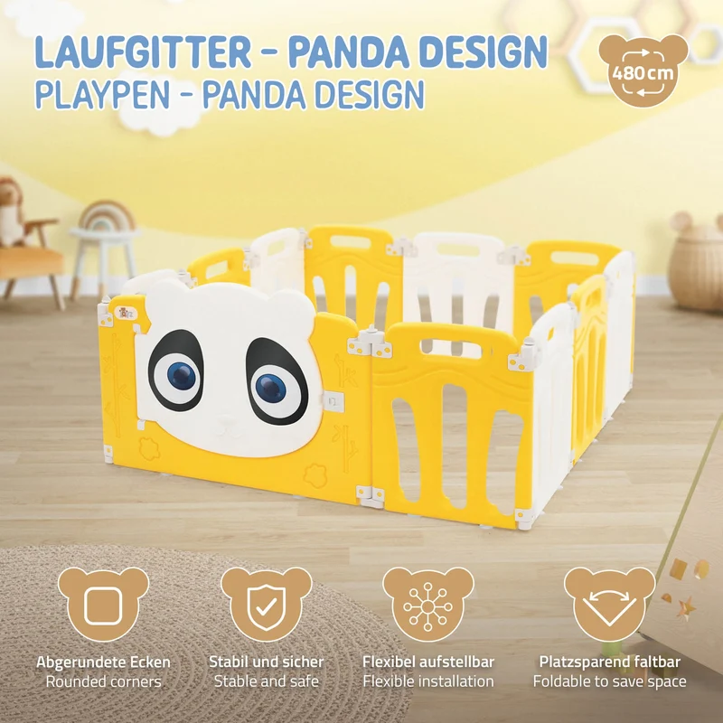 Laufgitter Baby Laufstall 120x120 cm Weiß, Gelb Panda Faltbar Krabbelgitter Joyz