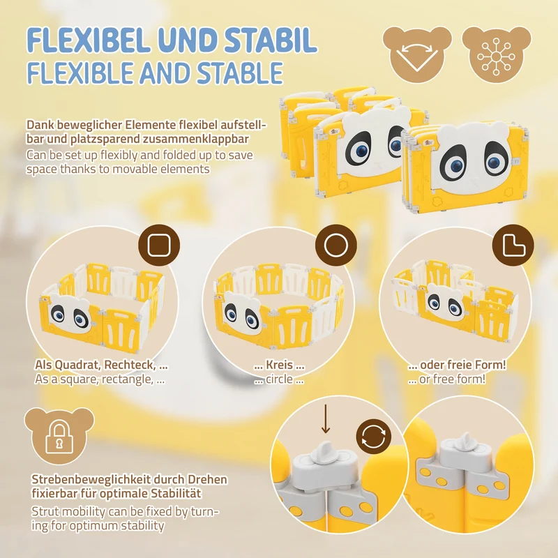 Laufgitter Baby Laufstall 120x120 cm Weiß, Gelb Panda Faltbar Krabbelgitter Joyz