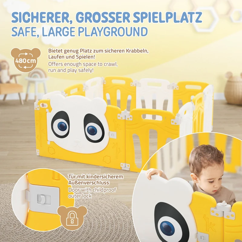 Laufgitter Baby Laufstall 120x120 cm Weiß, Gelb Panda Faltbar Krabbelgitter Joyz