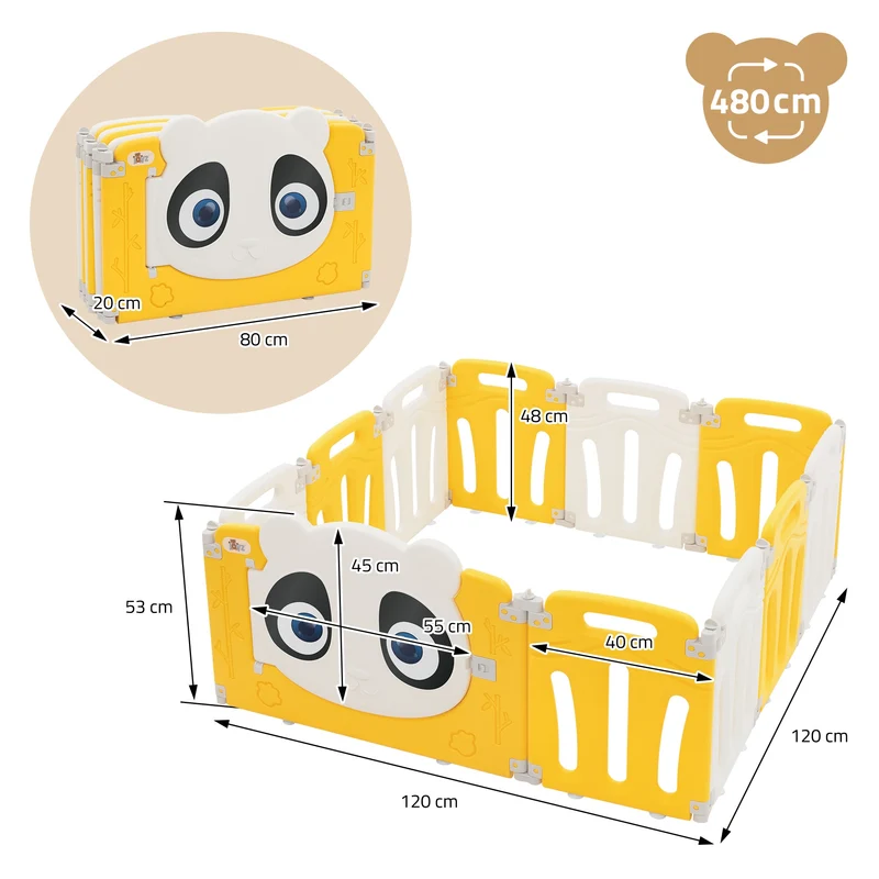 Laufgitter Baby Laufstall 120x120 cm Weiß, Gelb Panda Faltbar Krabbelgitter Joyz