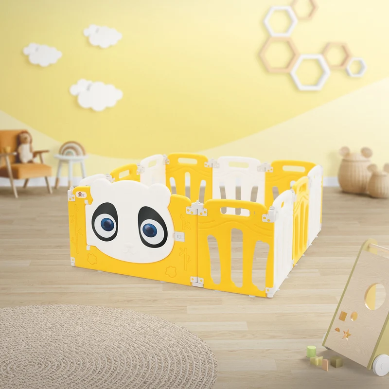 Laufgitter Baby Laufstall 120x120 cm Weiß, Gelb Panda Faltbar Krabbelgitter Joyz