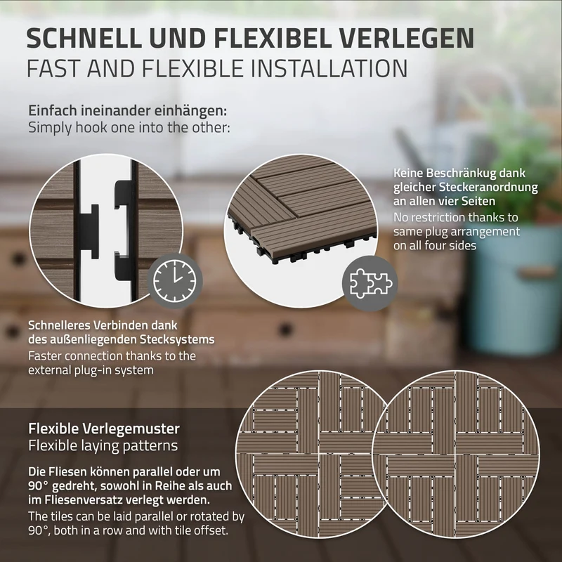 WPC Terrassenfliesen 30x30 cm 22er Set für 2m² Dunkelbraun in Holzoptik Mosaik mit Drainage und Klicksystem