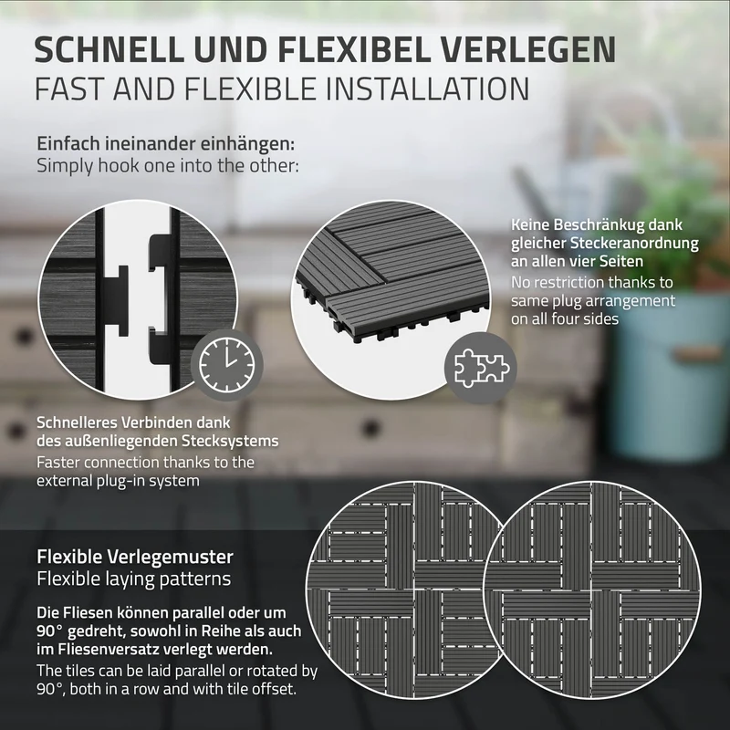 WPC Terrassenfliesen 30x30 cm 11er Set für 1m² Hellbraun in Holzoptik Mosaik mit Drainage und Klicksystem