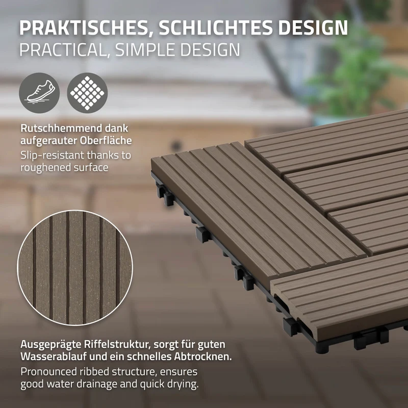 WPC Terrassenfliesen 30x30 cm 11er Set für 1m² Dunkelbraun in Holzoptik Mosaik mit Drainage und Klicksystem