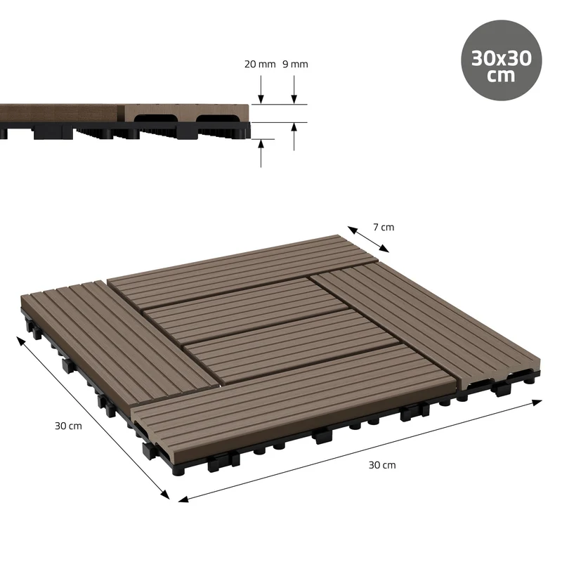 WPC Terrassenfliesen 30x30 cm 11er Set für 1m² Dunkelbraun in Holzoptik Mosaik mit Drainage und Klicksystem