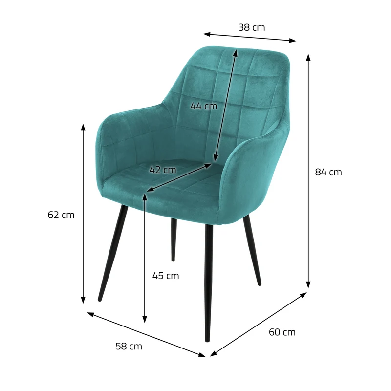 Esszimmerstuhl 4er Set Quadrat Steppung mit Rücken- und Armlehnen Petrol Küchenstuhl mit Microfaser-Samtbezug ML-Design