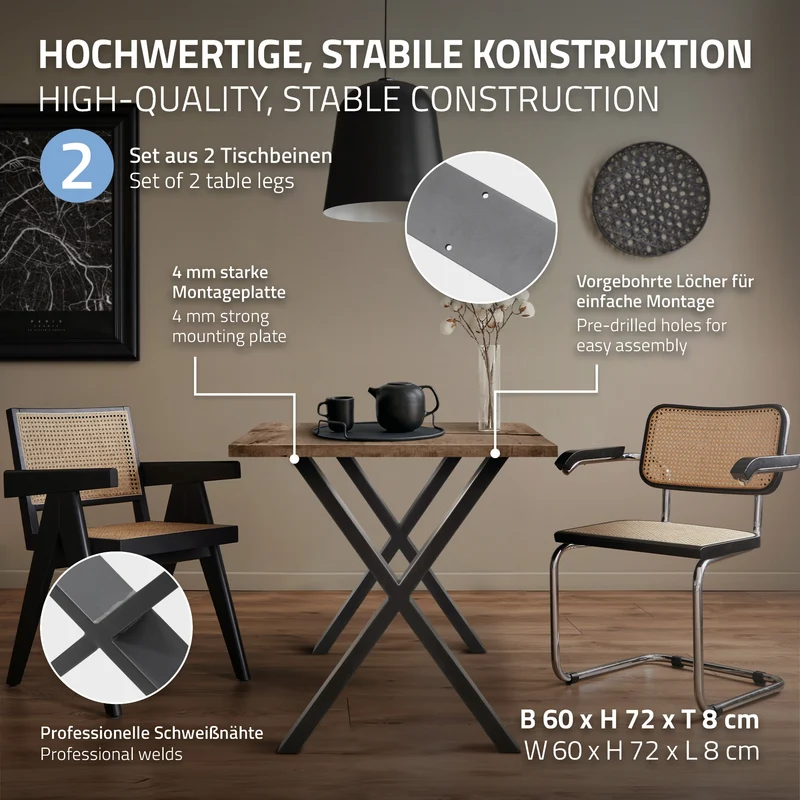 2x Tischkufen X-Design 60x72 cm Anthrazit pulverbeschichtete Stahl Tischgestell für Esstisch & Schreibtisch