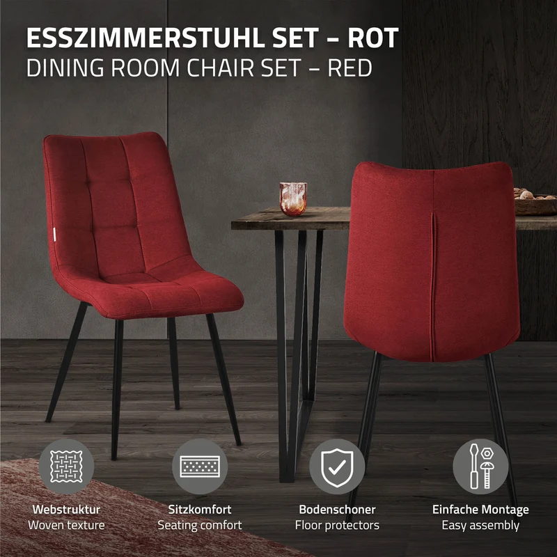 Esszimmerstühle 4er Set Rot Küchenstuhl mit Polyesterbezug und Stahlbeinen ML-Design