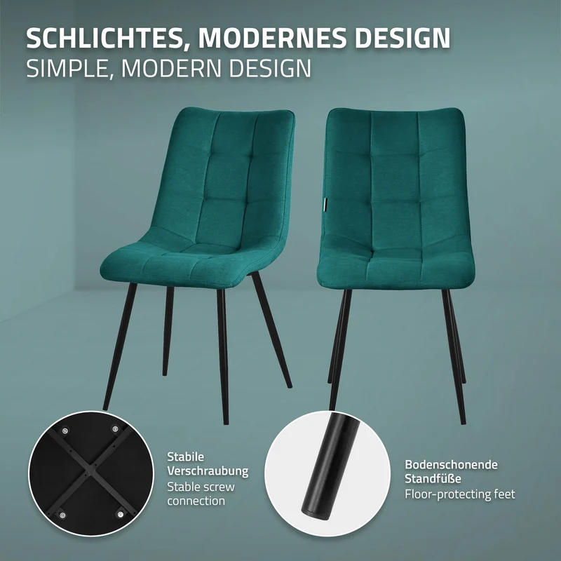 Esszimmerstühle 4er Set Petrol Küchenstuhl mit Polyesterbezug und Stahlbeinen ML-Design