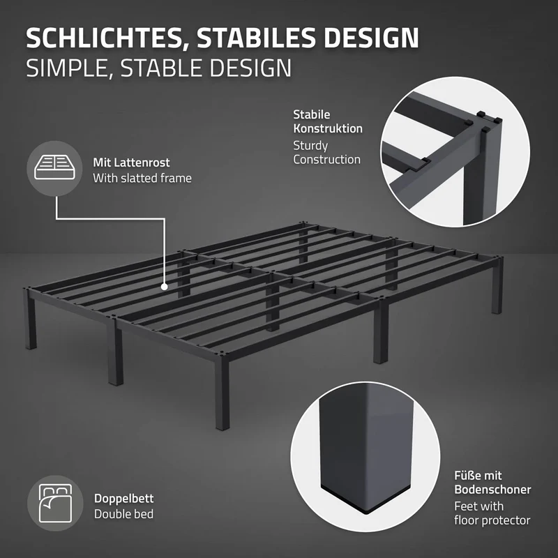 Bettgestell Doppelbett 140x200 cm aus Metall in Anthrazit mit Lattenrost ML-Design