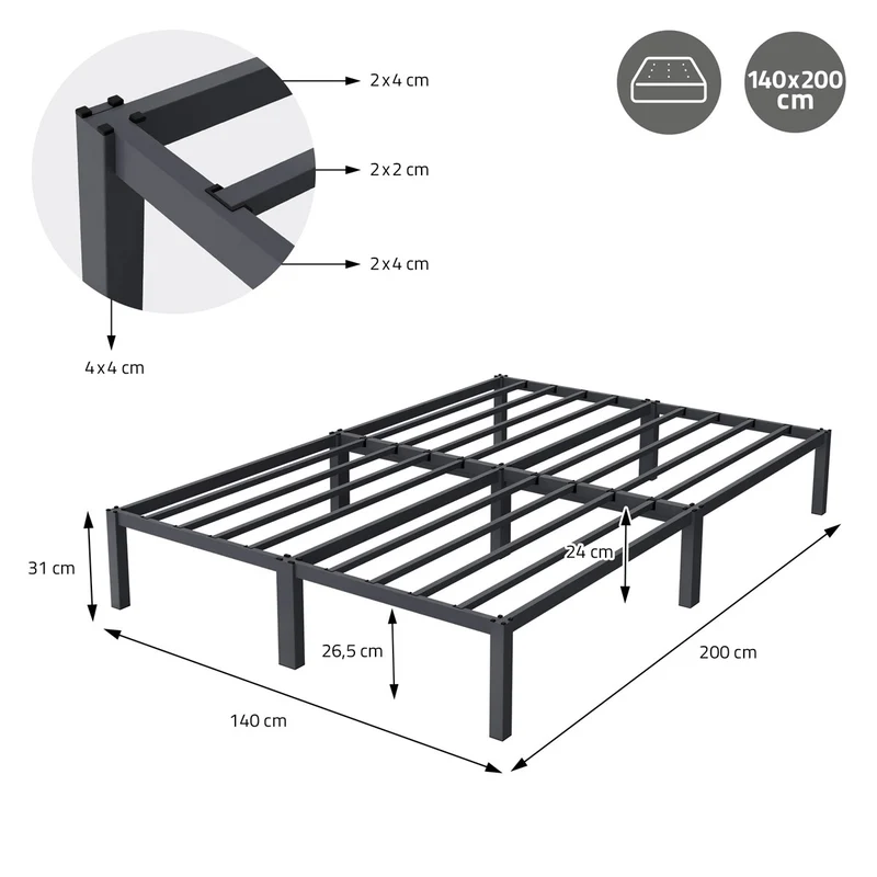 Bettgestell Doppelbett 140x200 cm aus Metall in Anthrazit mit Lattenrost ML-Design