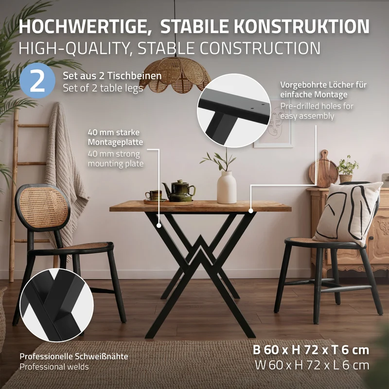B-Ware 2 Stück Tischbeine B60xH72 cm Tischkufen X-Form Stahl pulverbeschichtet Schwarz ML-Design