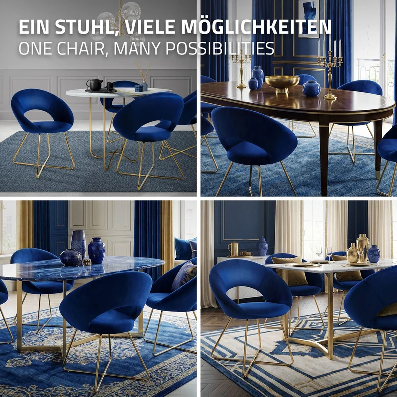 Esszimmerstuhl 6er Set mit runder Rückenlehne Blau aus Samt mit goldenen Metallbeinen ML-Design
