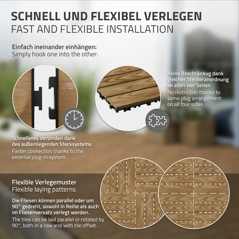 5x WPC Terrassenfliesen 30x30 cm 11er Spar Set für 1m² Teak in Holzoptik Bodenbelag mit Drainage und Klicksystem