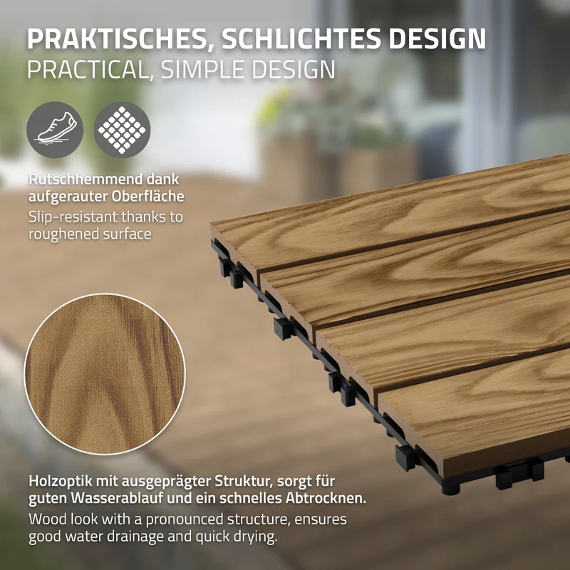 4x WPC Terrassenfliesen 30x30 cm 11er Spar Set für 1m² Teak in Holzoptik Bodenbelag mit Drainage und Klicksystem