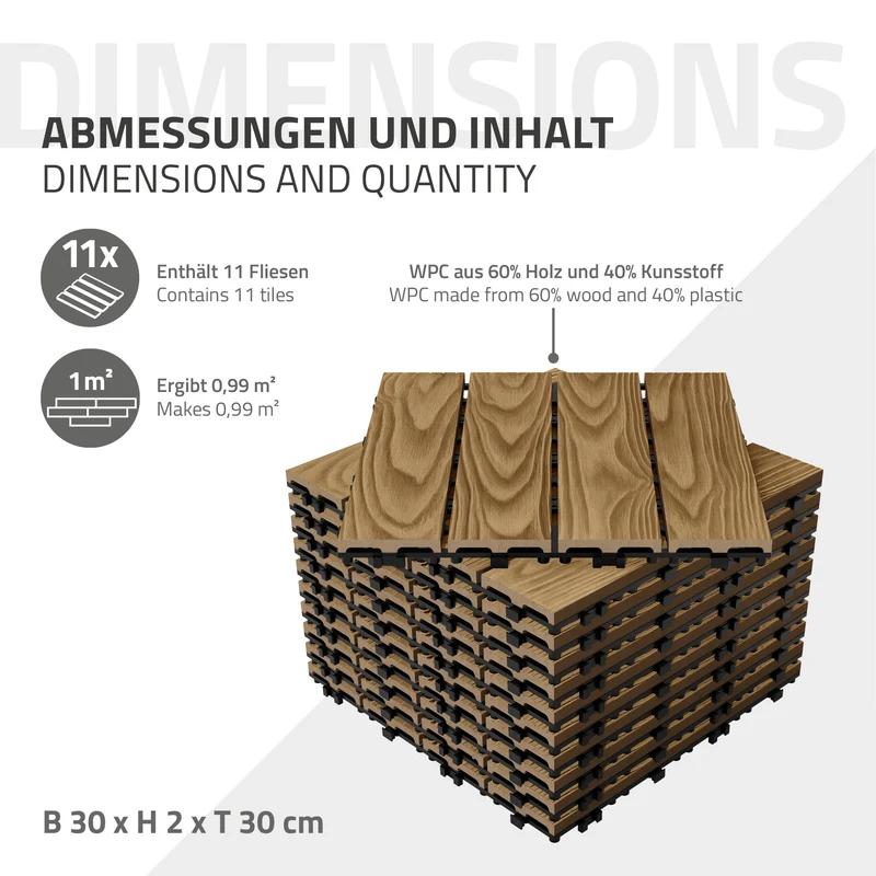 2x WPC Terrassenfliesen 30x30 cm 11er Spar Set für 1m² Teak in Holzoptik Bodenbelag mit Drainage und Klicksystem