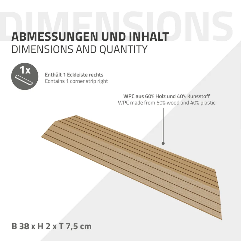 WPC Abschlussleiste 38x2x7,5 cm für WPC Bodenfliese Ecke rechts Teak ML-Design