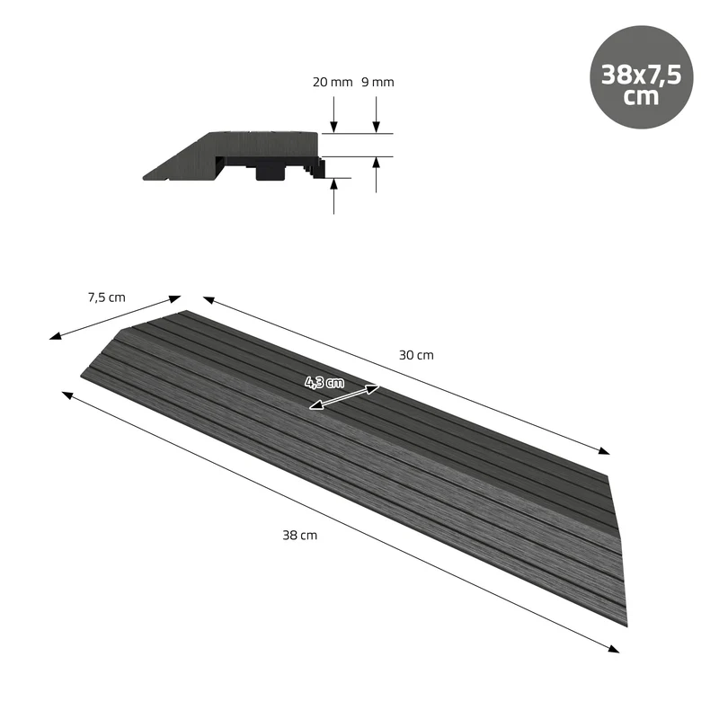 WPC Abschlussleiste 38x2x7,5 cm für WPC Bodenfliese Ecke rechts Anthrazit ML-Design