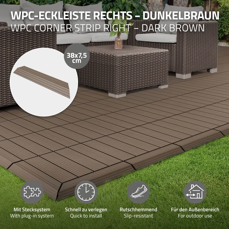 WPC Abschlussleiste 38x2x7,5 cm für WPC Bodenfliese Ecke rechts Dunkelbraun ML-Design
