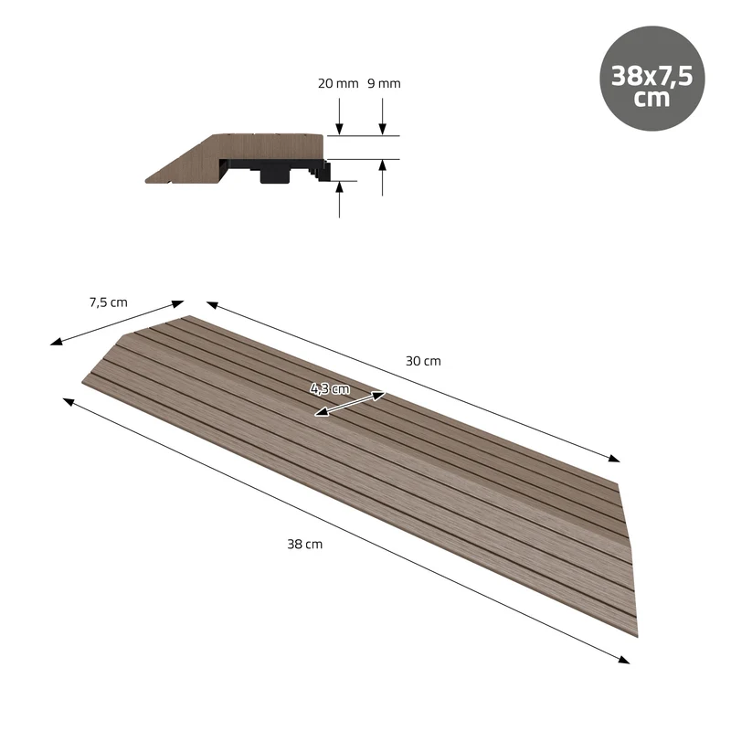 WPC Abschlussleiste 38x2x7,5 cm für WPC Bodenfliese Ecke rechts Dunkelbraun ML-Design