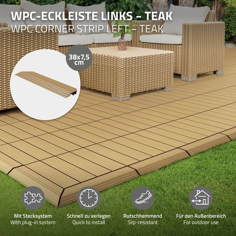 WPC Abschlussleiste 38x2x7,5 cm für WPC Bodenfliese Ecke links Teak ML-Design