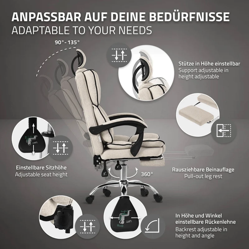 Chefsessel Bürostuhl höhenverstellbar Beige mit höhenverstellbarer Rückenlehne und Fuß-& Kopfstütze bis 120 kg ML-Design