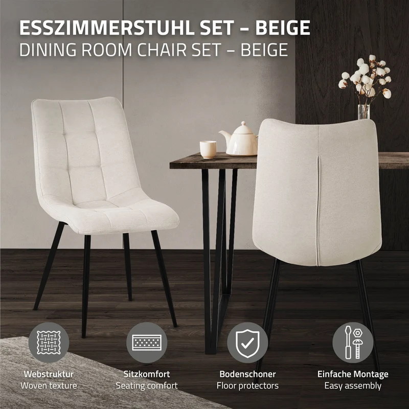Esszimmerstühle 4er Set Beige Küchenstuhl mit Polyesterbezug und Stahlbeinen ML-Design