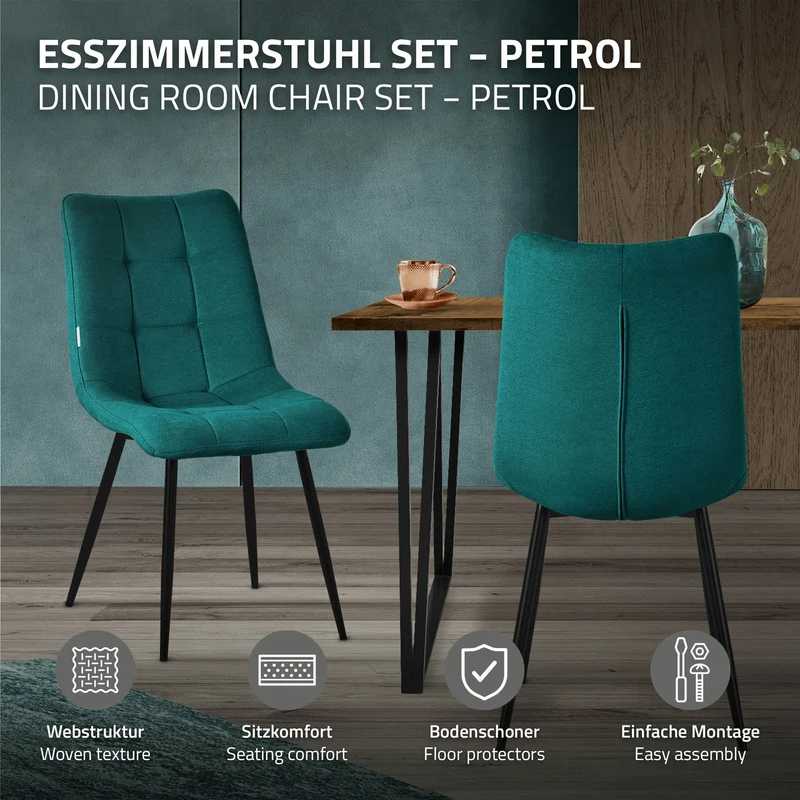 Esszimmerstühle 2er Set Petrol Küchenstuhl mit Polyesterbezug und Stahlbeinen ML-Design