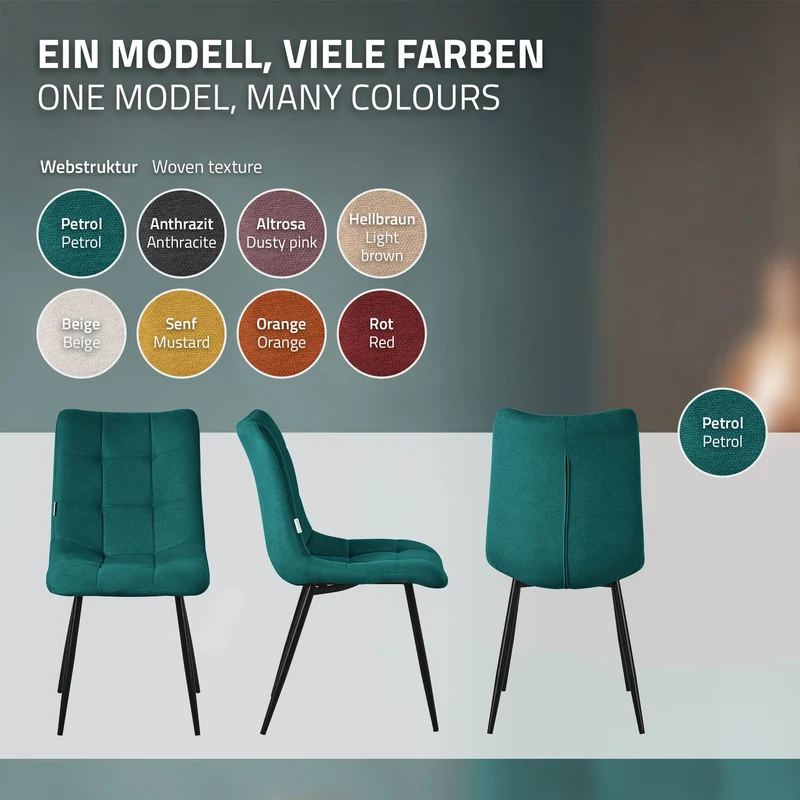 Esszimmerstühle 2er Set Petrol Küchenstuhl mit Polyesterbezug und Stahlbeinen ML-Design