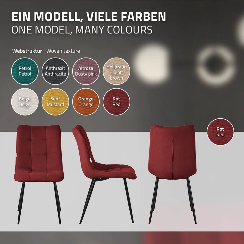 Esszimmerstühle 2er Set Rot Küchenstuhl mit Polyesterbezug und Stahlbeinen ML-Design