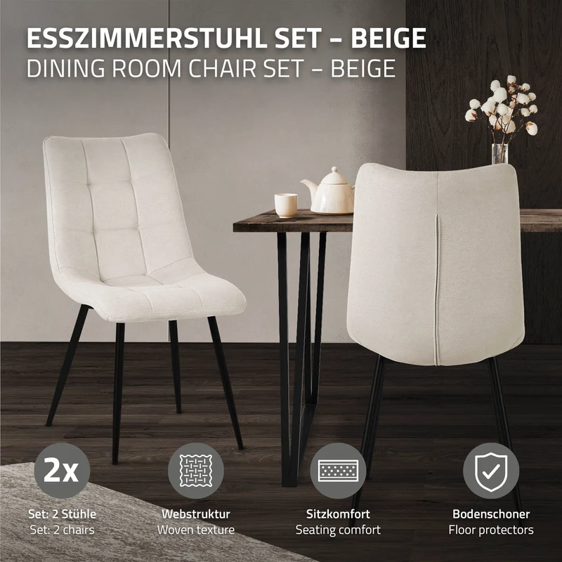 Esszimmerstühle 2er Set Beige Küchenstuhl mit Polyesterbezug und Stahlbeinen ML-Design