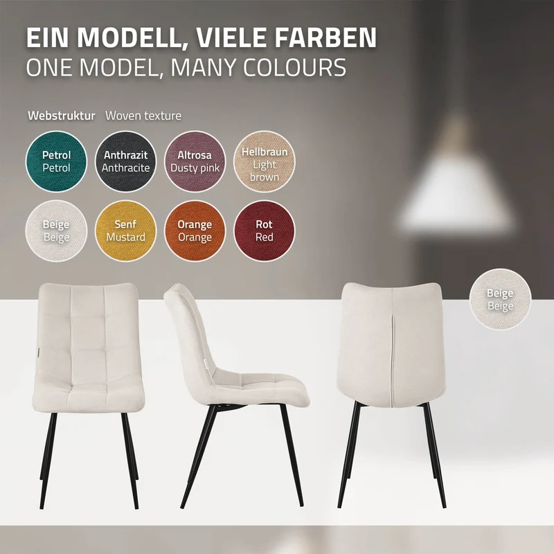 Esszimmerstühle 2er Set Beige Küchenstuhl mit Polyesterbezug und Stahlbeinen ML-Design