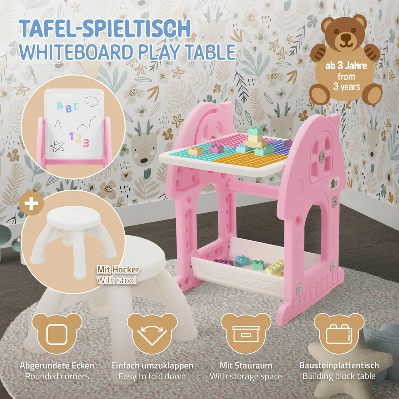 Kindersitzgruppe 2 in 1 Spieltisch mit Tafel und Stuhl Set, HDPE, Weiß-Rosa, Kindertisch und Hocker Joyz